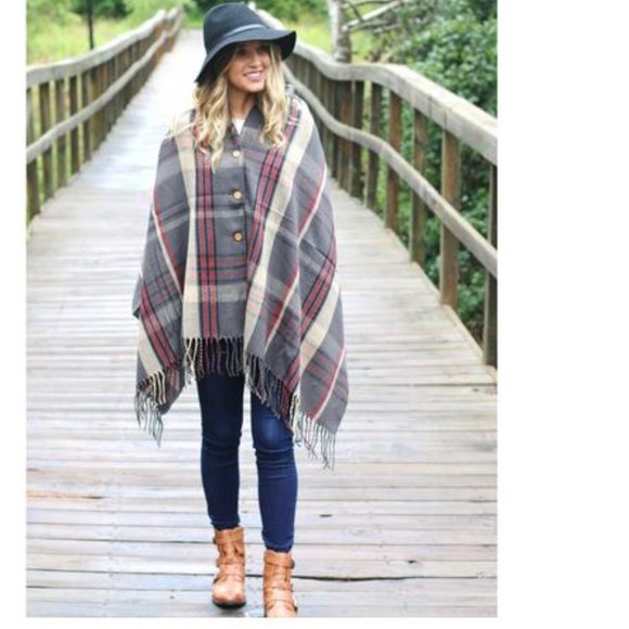 PS Accessories - Button Plaid Shawl Scarf Grey Red